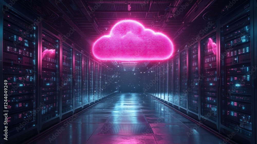 Poster a futuristic data center with a glowing cloud symbol, representing cloud computing.
