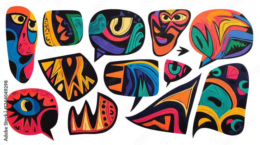 Poster collection of colorful abstract speech bubbles with pixel art style, featuring various shapes and ex