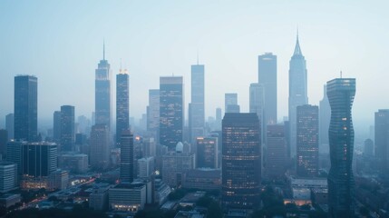 Naklejka premium Urban Skyline at Dusk with Soft Haze Over Skyscrapers and Buildings