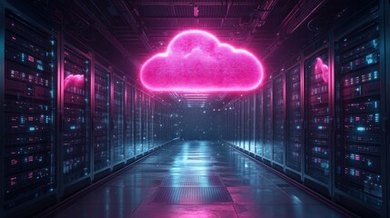 Obraz premium A futuristic data center with a glowing cloud symbol, representing cloud computing.