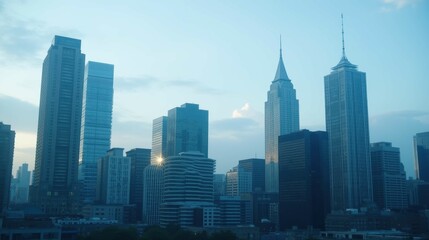 Obraz premium Urban Skyline at Dusk with Modern and Historic Skyscrapers