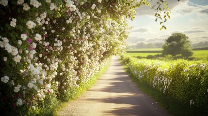 A picturesque countryside lane adorned with hedgerows of blooming honeysuckle and climbing roses under dappled sunlight.