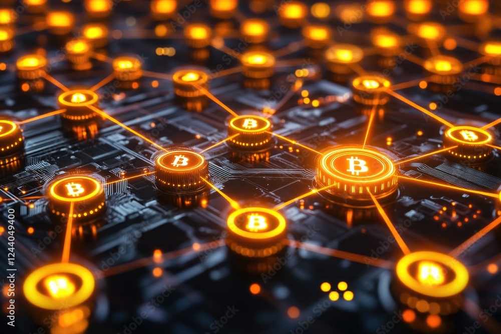 Poster a close-up view of a circuit board featuring bitcoins, ideal for technology and finance-related proj