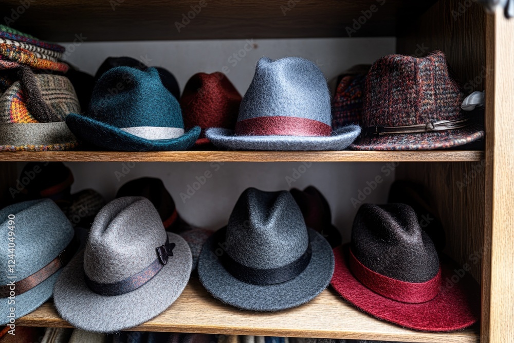 Poster A colorful hat shelf filled with various hats in different colors and shapes
