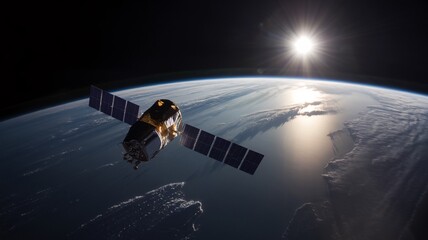 Satellite orbits Earth while sun rises over the horizon casting golden light on the atmosphere and land below