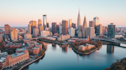 Fototapeta premium Urban Skyline at Sunrise Over Waterfront with Soft Morning Light