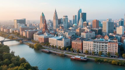 Obraz premium Stunning Aerial View of Modern City Skyline during Golden Hour