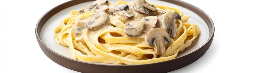 A plate of fettuccine with creamy mushroom sauce, earthy and rich, photorealistic style, muted brown tones, isolated on white background