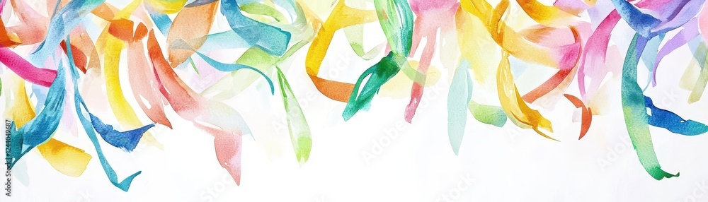 Poster a colorful abstract design with flowing ribbons in various shades, creating a vibrant and cheerful v