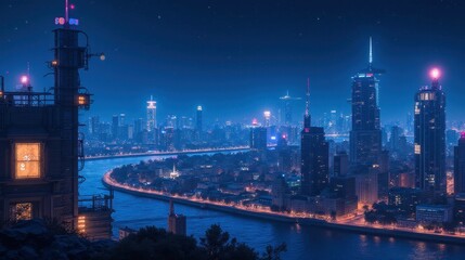 Fototapeta premium Nighttime Cityscape with River and Towering Skyscrapers at Dusk