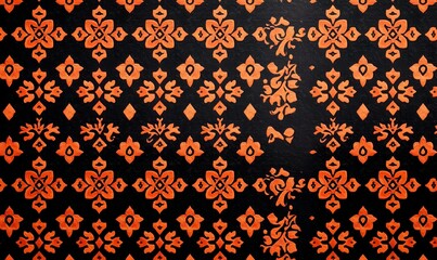 Traditional Floral Pattern Design in Orange on Black Background