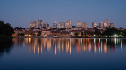 Obraz premium City skyline reflection at dusk over calm water surface