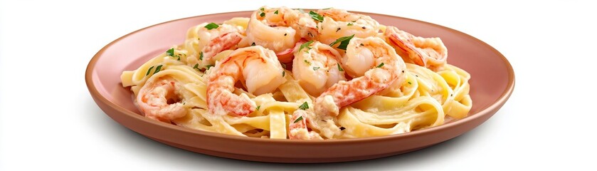 A plate of fettuccine with shrimp scampi, seafood delicacy, lifelike photography, bright golden and pink tones, isolated on white background