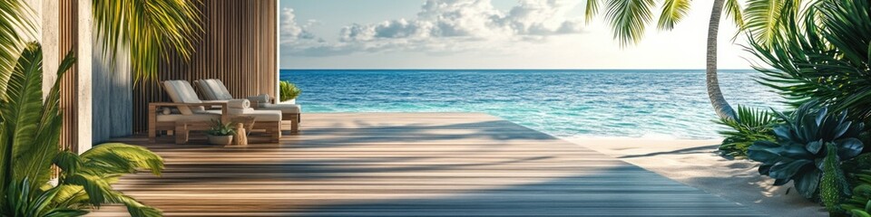 Fototapeta premium A serene view of the ocean from a weathered wooden deck, perfect for use in travel or beach-themed designs