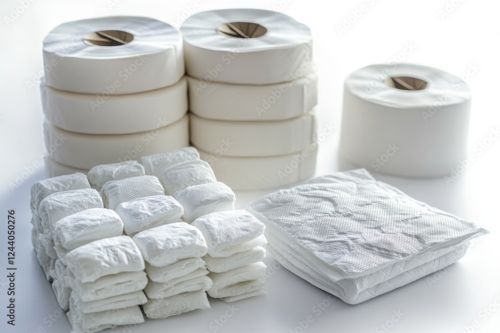 Poster a stack of toilet paper rolls placed one on top of the other, great for use in still life photograph