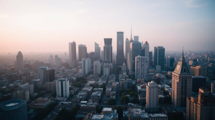Fototapeta premium Aerial View of Modern Urban Skyline at Sunset in a Vibrant City