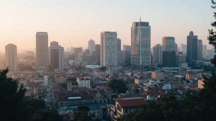 Obraz premium Urban Skyline at Sunrise with High-Rise Buildings and Fog