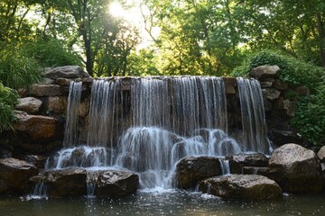 A natural scenic view of a waterfall flowing over rocks and into a peaceful pond