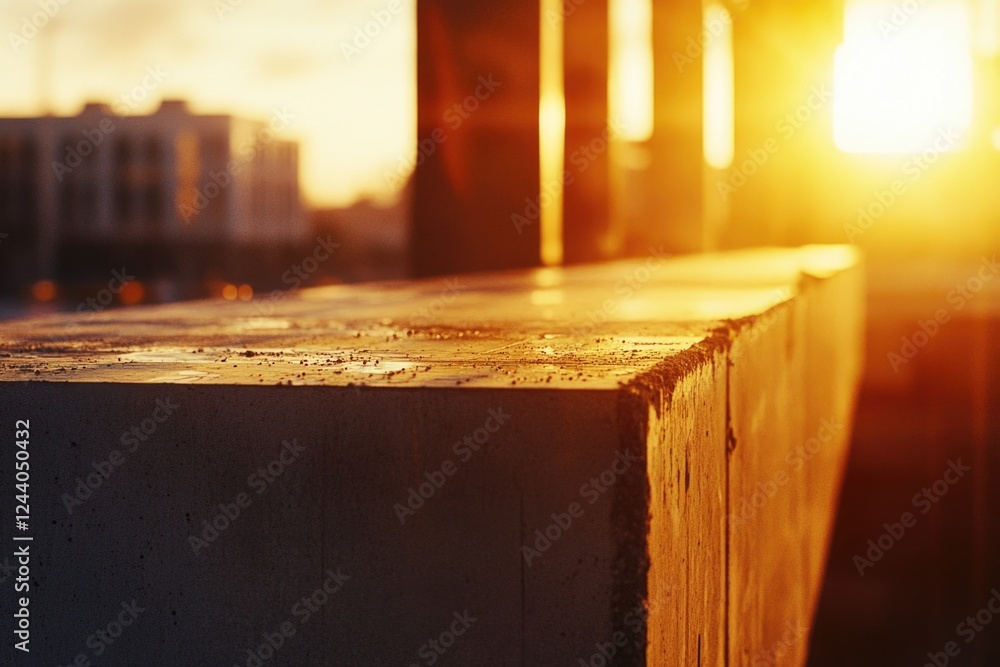 Poster a close-up shot of a concrete block with the sun setting in the background, ideal for use in urban o
