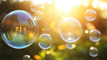 A serene image of iridescent bubbles floating in sunlight, creating a dreamy atmosphere in a lush green setting.