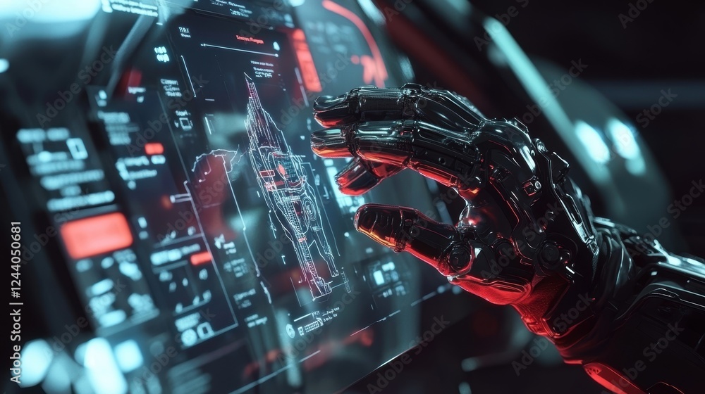 Poster robotic hand manipulates a complex, futuristic interface, suggesting advancements in artificial inte