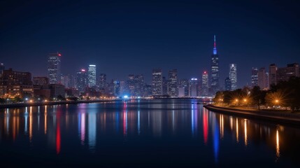 Fototapeta premium Stunning Night Cityscape Reflection of Urban Skyline and River