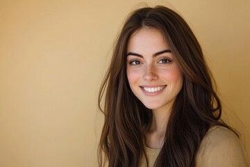 Naklejka premium A portrait of a happy woman with long brown hair and a warm smile