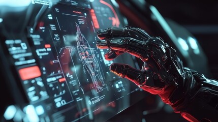 Robotic hand manipulates a complex, futuristic interface, suggesting advancements in artificial intelligence, automation, and innovative engineering within a technologically advanced setting