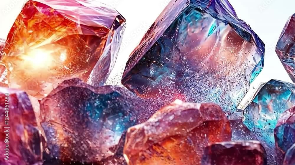 Poster Prismatic Gemstones:  A vibrant collection of colorful gemstones sparkles with iridescent hues. Their smooth, faceted surfaces catch the light, creating a captivating display of light and shadow.  