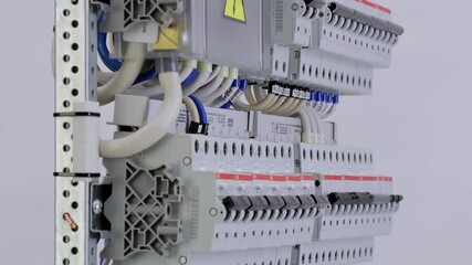 An electrical panel for the organization of electricity supply to the apartment. Close-up. Soft focus.