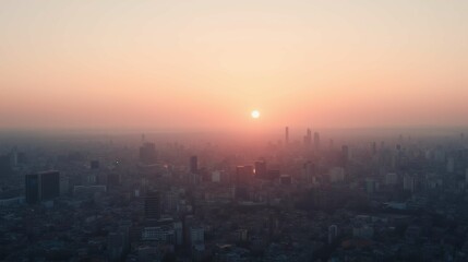 Sunset Over City Skyline with Buildings Silhouetted Against Horizon