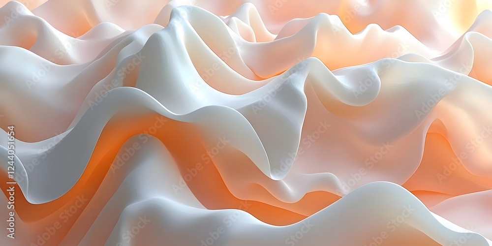 Poster an abstract close-up of flowing, wavy textures in soft peach and white hues, creating a serene and d