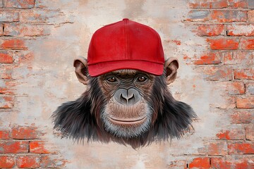 Chimpanzee in Red Cap Against Brick Wall
