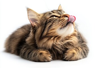 Adorable domestic cat with fluffy fur licking its nose while lying on a white background showcasing its playful demeanor and charming expression