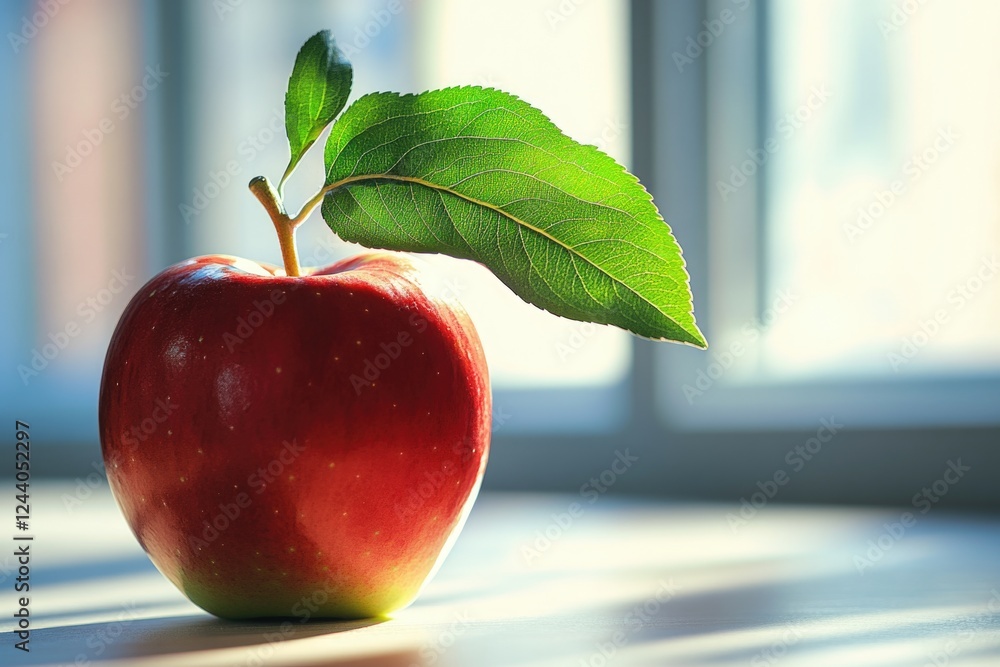 Poster a close-up shot of a red apple with a leaf stuck in the stem