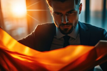 A businessman holds a vibrant orange cloth, possibly a prop or a symbol