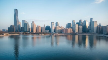 Naklejka premium Chicago Skyline Reflected on Calm Water Under Clear Blue Sky