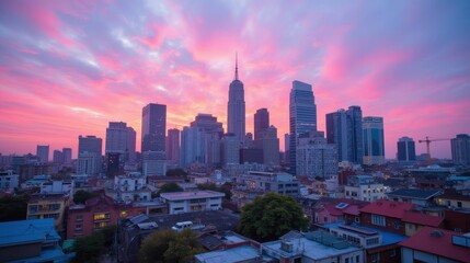 Obraz premium Vibrant Sunset Over City Skyline with Modern Architecture and Clouds