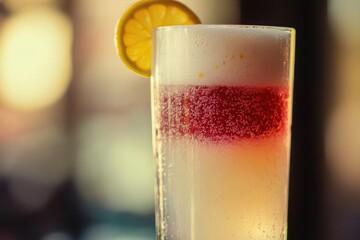 A close-up shot of a refreshing drink garnished with a slice of lemon