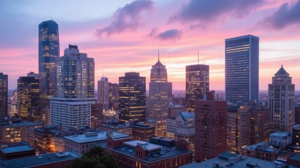 Fototapeta premium Vibrant Sunset Over Urban Skyline with Colorful Clouds and Buildings