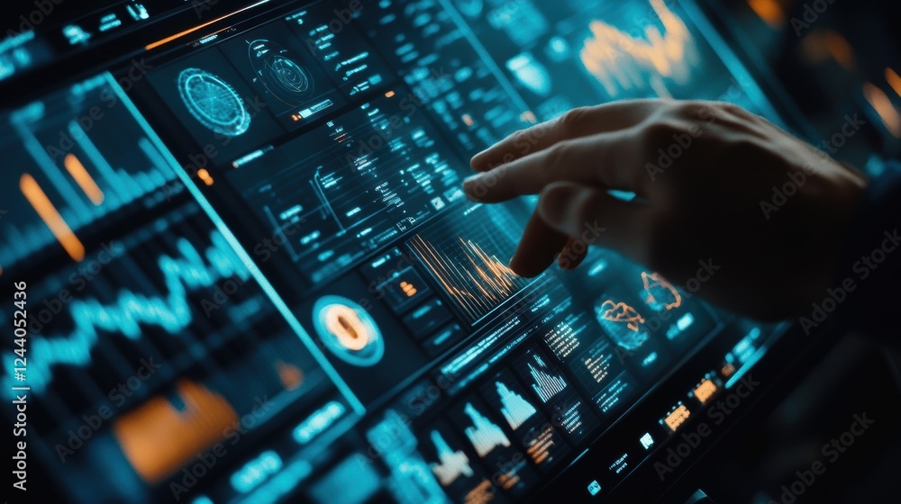 Poster software engineer touching interactive holographic futuristic big data interface using innovative te