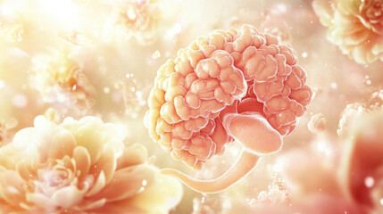 Colorful human brain surrounded by soft flowers in a dreamlike atmosphere