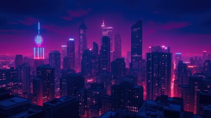 Fototapeta premium Vibrant Night Skyline of a Modern City Bathed in Neon Lights