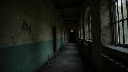 Obraz premium Dark Abandoned Hallway with Faded Walls and Dim Lighting