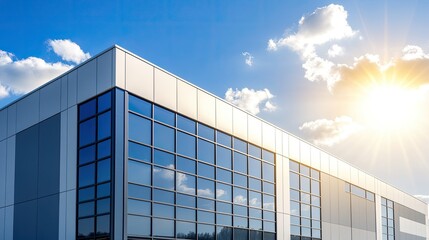 A striking modern building showcases flowing blue panels and white accents against a clear sky, emphasizing innovative architectural design