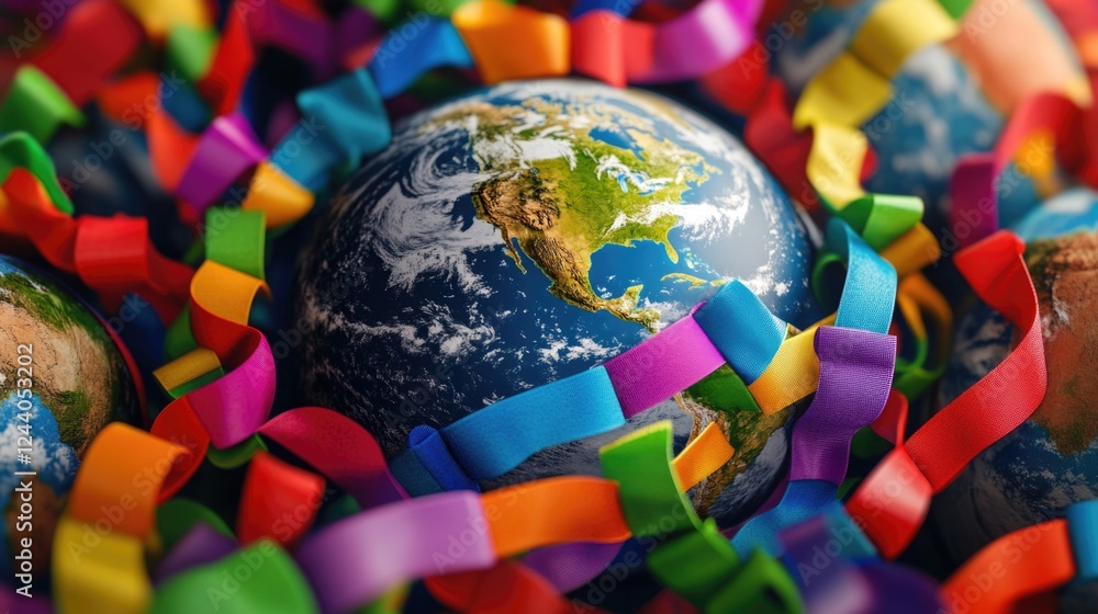 Poster a close-up of a globe surrounded by colorful ribbons, perfect for decorative purposes or as a symbol