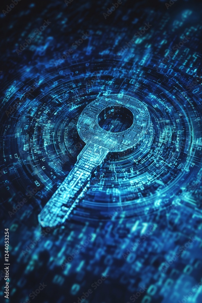 Poster glowing key and swirling data streams accessing opportunities in the technology-driven economy