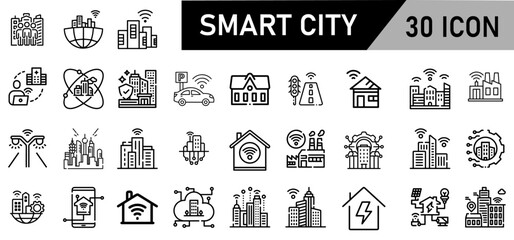 Minimalist Smart City Icon Pack | 30 Outline Vector Icons, Editable stroke. 