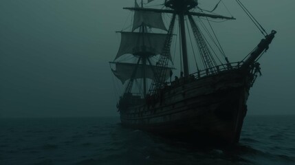 Fototapeta premium Mysterious Ghost Ship Sailing Through Foggy Waters at Dusk