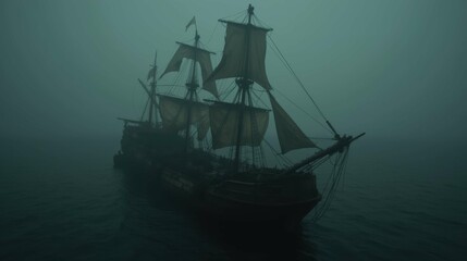 Mysterious Ship Silhouette in Foggy Waters at Dusk